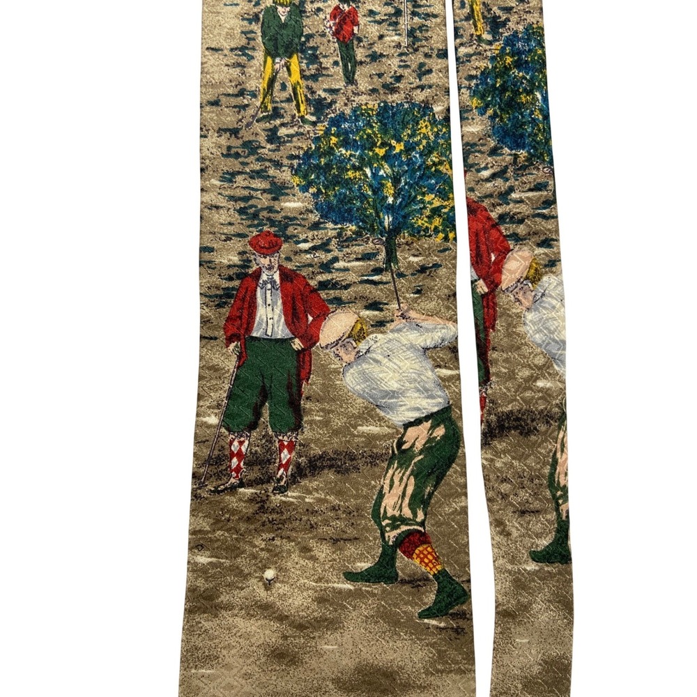 Flying Scotsman Collection‎ Mens Silk Tie Vintage Golf Scene Made in USA Brown